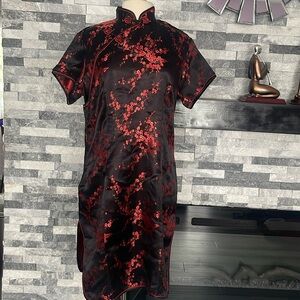 Laogudai Black Red Short Satin Cheongsam Dress Sz M/L Qipao Chinese